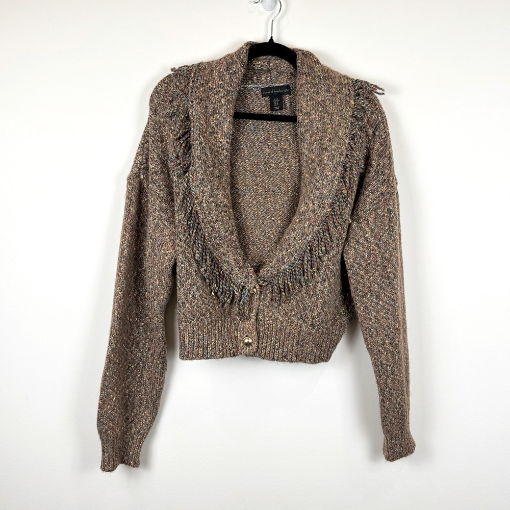 House of Harlow 1960 Multi colored Thread Tan Cropped Fringe Cardigan Size XL